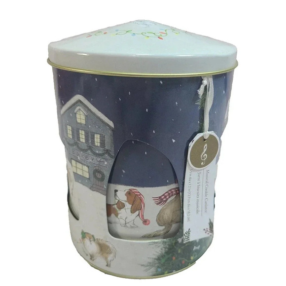 Pier 1 Imports Musical Tin Cookie Canister Christmas Cats Dogs White Blue 7" - Picture 1 of 10